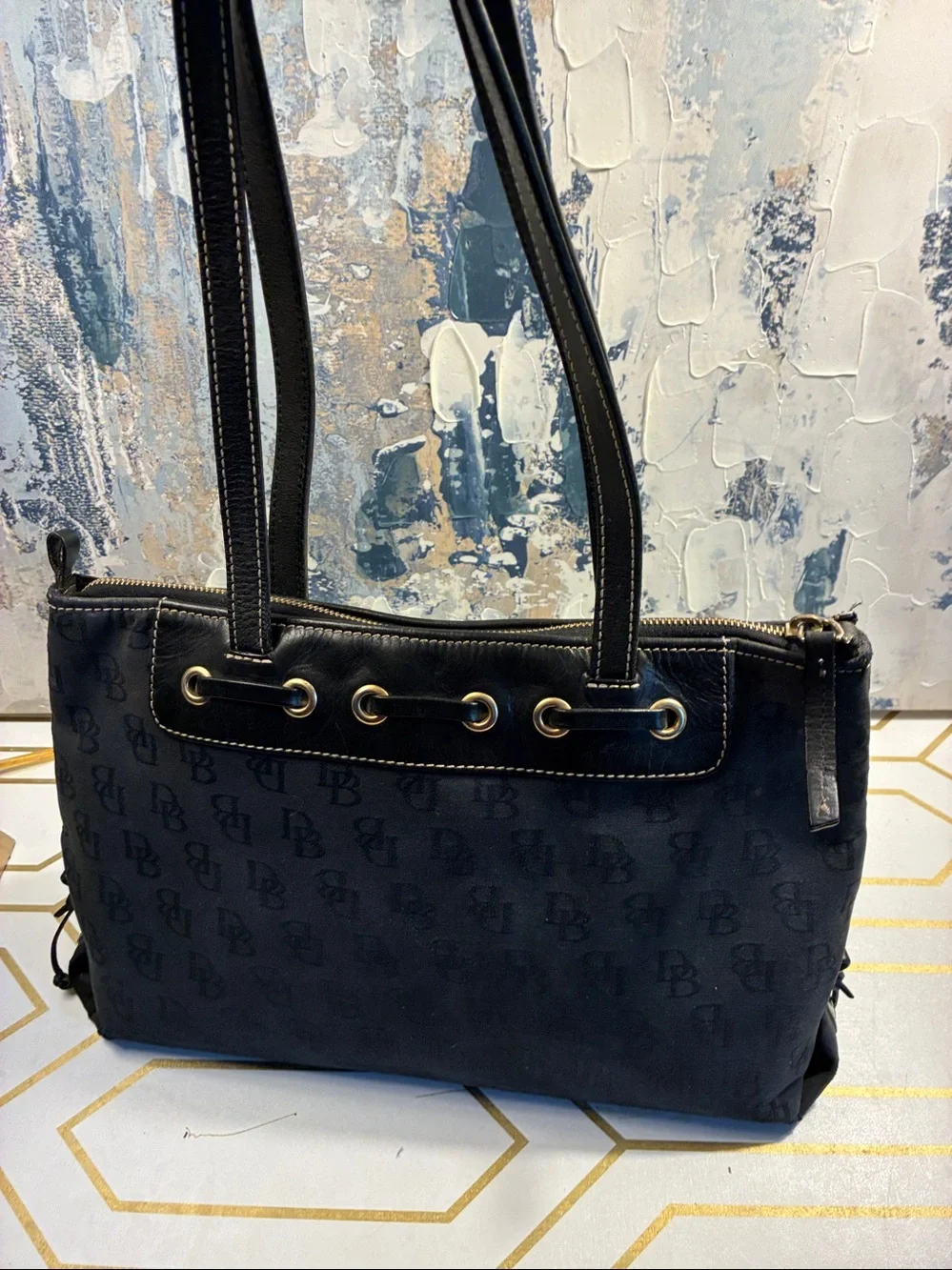 Vintage Dooney & Bourke Black  Designer Monogram Tote Bag - Satchel